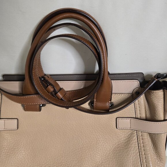 Coach Swagger 27 Carryall Pebble Leather Colorblock Beige Saddle Brown Gunmetal - Picture 3 of 8